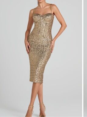 Nadine Merabi Nina Gold Strapless Sequin Midi Dress